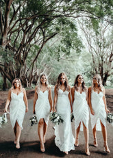 Yvette | Chic Sheath Pleated White Chiffon Midi Bridesmaid Dress with Spaghetti Straps and V - Neck - Price #price_variant_lowest# - White - PromDressClub